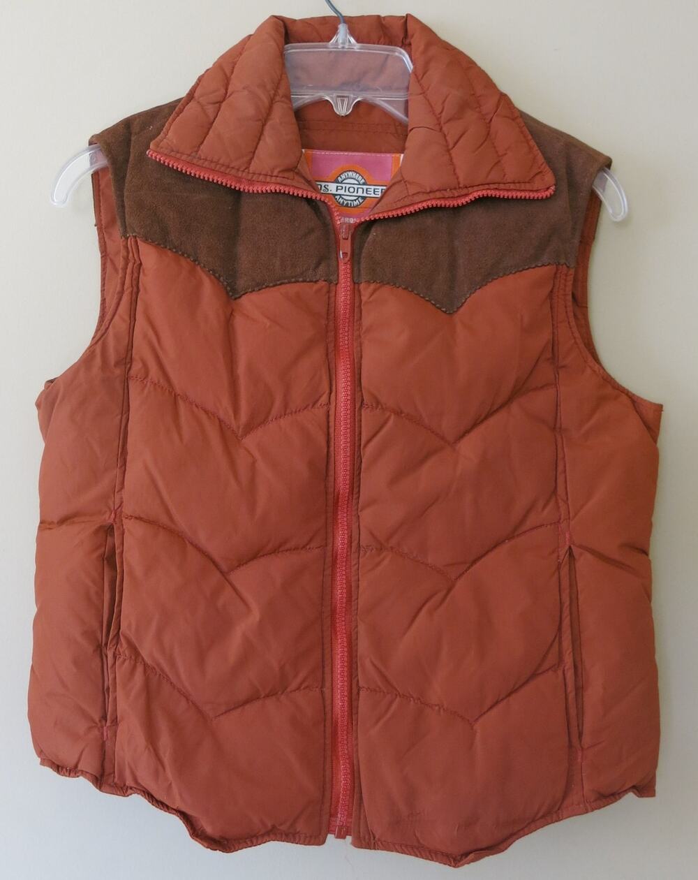 VINTAGE MS PIONEER 70's Puffer Vest Size ML Women Nylon/Leather Brown Western